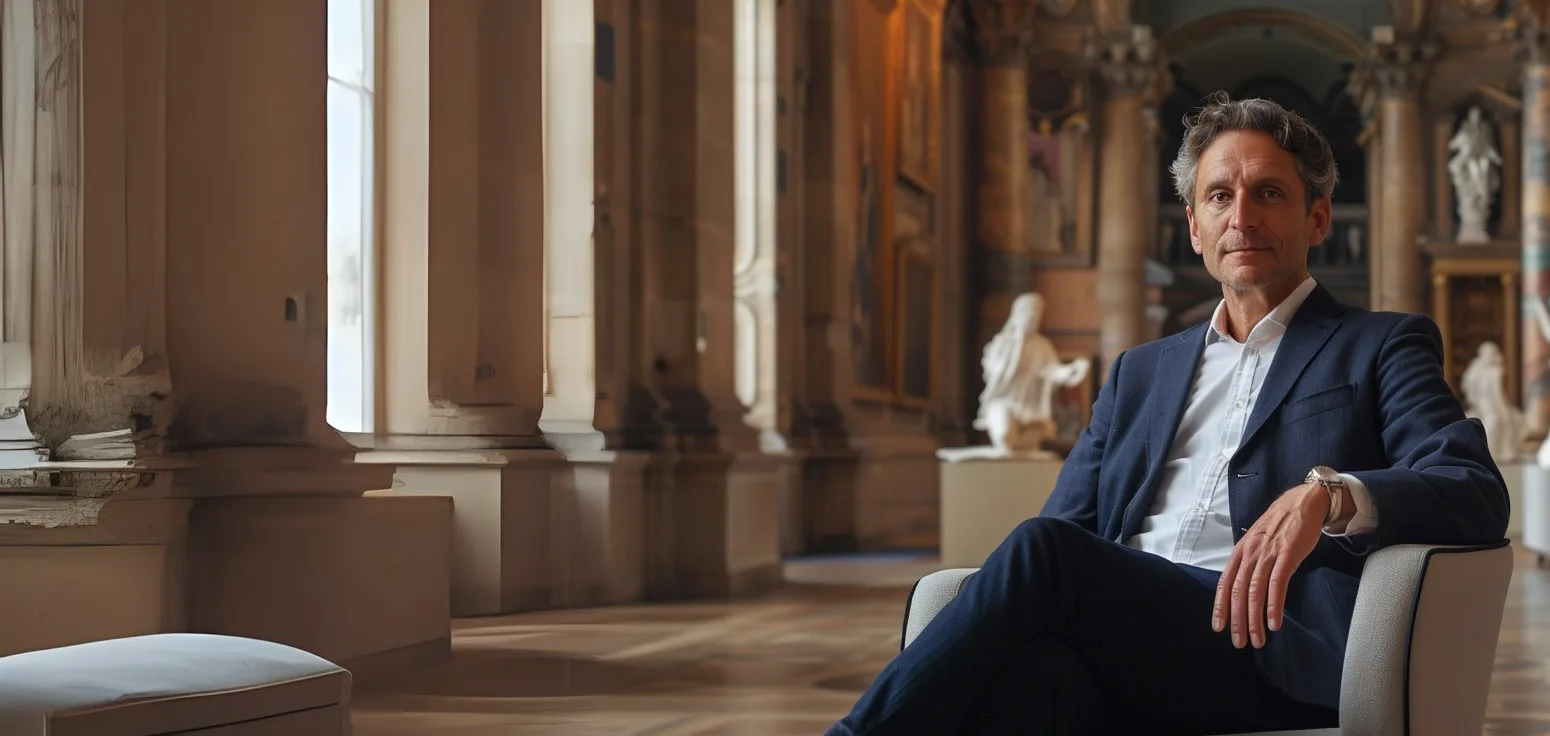 A distinguished gentleman seated in a grand classical French gallery